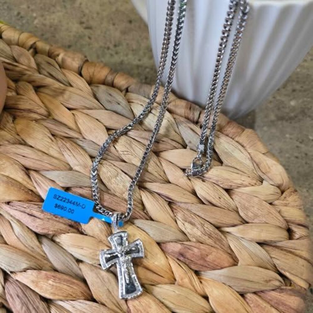 Sterling Silver Baguette Crucifix Pendant with Franco Chain
